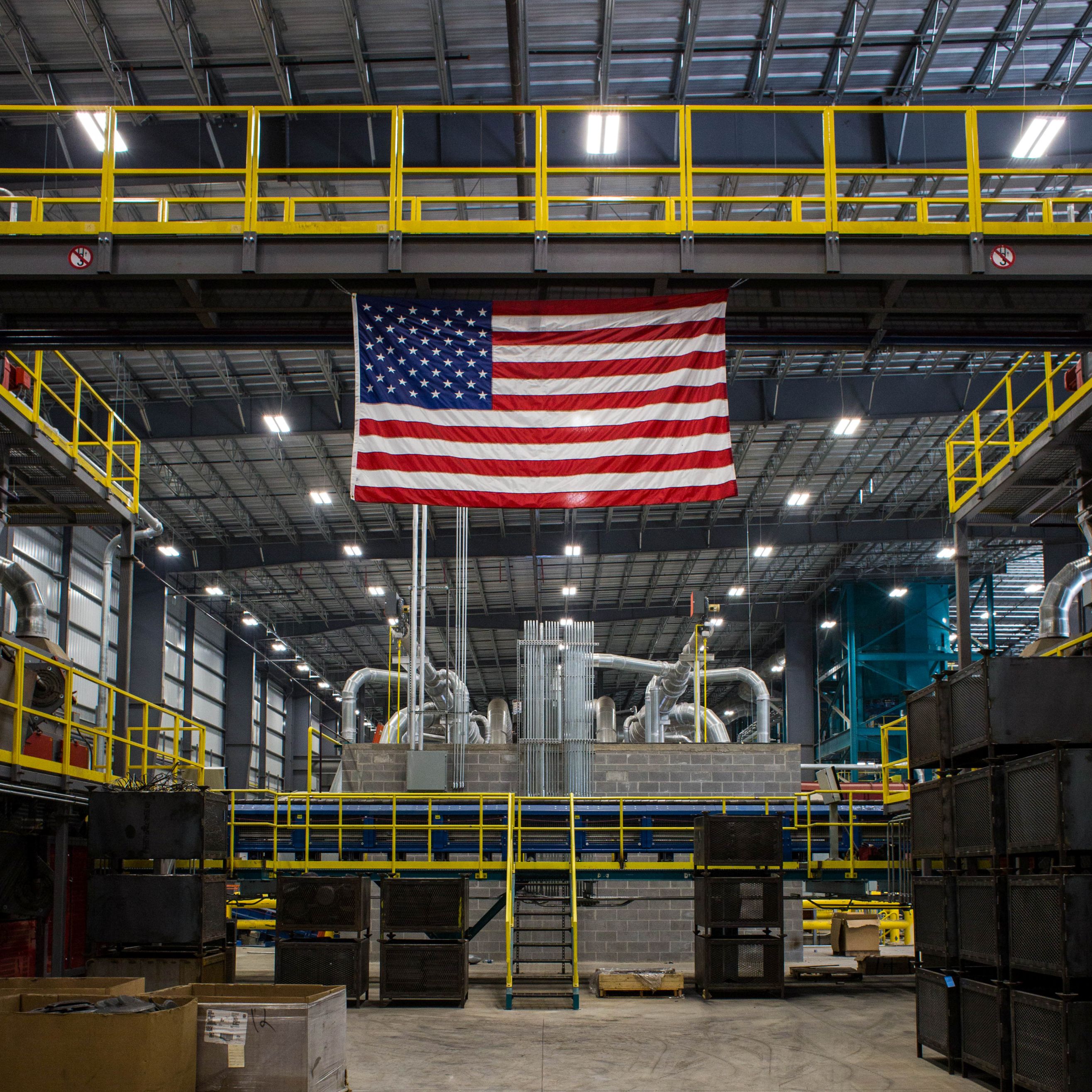 Lodge factory floor with American Flag